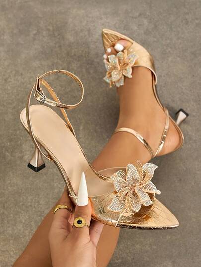 女士高跟鞋，时尚高端派对户外漆皮酒杯形鞋跟尖头闪亮虹彩百合装饰绑带，高品质柔软波浪石纹面料，性感可调节踝带，优雅奢华香槟色礼服凉鞋