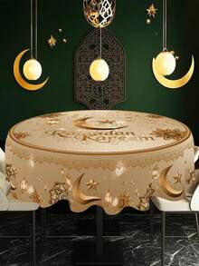 1pc Gold Ramadan Tablecloth, 59inch Deep Golden Ramadan Mubarak Polyester Round Table Cloth, Flower Moon Star Lantern Design Eid Mubarak Table Cover For Kitchen Dining Table Decor, Ramadan Decorations For Home, Eid Al Fitr Party Supplies - Multicolor - View 5