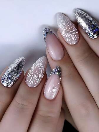 24pcs Christmas Press On Almond French Tip Nails Y2k Pink Nails Medium Fashion Ombre Glitter Geometric Stripes Snowflake Foil Silver Pattern Concise Style Reusable Press On Acrylic Nails Fake Nails Nails Supplies, Free Of 24 Pieces Of Jelly Tabs And A Mini File ﻿