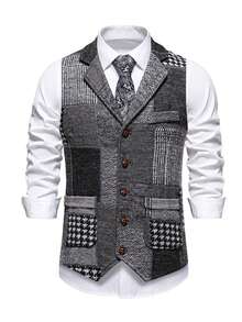 Men's Retro Patchwork Lapel Waistcoat - Grey - View 11