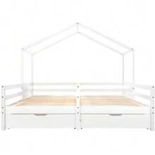 Cabin Bed, Double Bed, Children's Bed, Baby Bed With 2 MDF Drawers, Drawers On Wheels, Pine Slatted Base, White (200x90cm) - 白色 - 查看 1