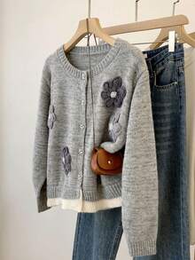 Vintage Solid Color Handmade Applique Front Button Cardigan Sweater, Gray Round Neck Knit Top For Daily Wear, Autumn/Winter - Grey - View 2