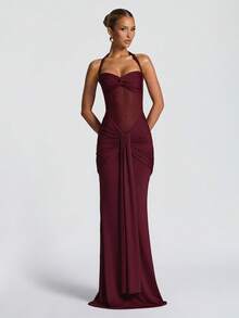 Sexy Spaghetti Strap Backless Waist Cinched High Slit Dress, Mesh Patchwork Vacation Party Dress
