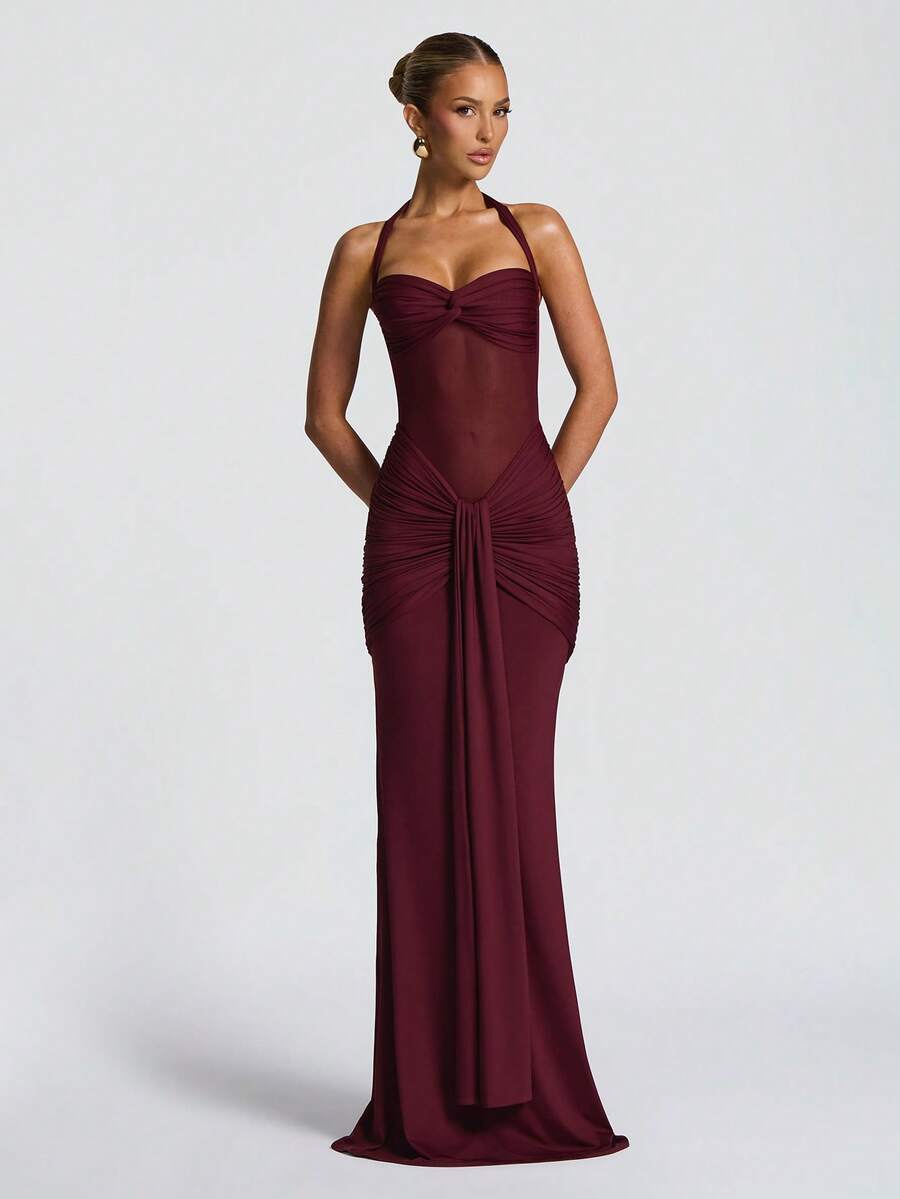 Sexy Spaghetti Strap Backless Waist Cinched High Slit Dress, Mesh Patchwork Vacation Party Dress