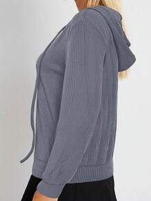 Plus Size Women Autumn/Winter Ribbed Ribbed Casual Hoodie Sweatshirt, Loose Knit Zip-Up Sweatshirt Long Sleeve Pullover - Grey - View 3