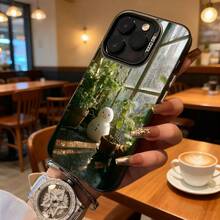Cubierta de telefono transparente con borde blanco diseño de muñeco de nieve y plantas para iPhone uso diario en cafeterias - Negro - Ver 7