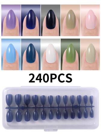 240Pcs Short Almond Glossy Gel Press-On Nails, Acrylic Fake Nails, Pre-Coated Top Coat And Pre-Colored Nail Tips, 10 Colors Are Available, Simple Design Suitable For Diy Nail Art, Nail Supplies, And Nail Salons