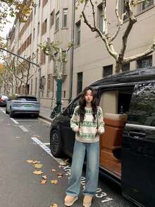 复古圣诞系列费尔岛毛衣设计撞色女式毛衣 - 綠色 - 查看 6