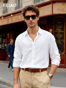 Áo sơ mi nam cổ bẻ cài cúc, màu trơn, chất liệu vải lanh, lấy cảm hứng từ họa tiết đồng xu cổ điển, kiểu dáng thanh lịch, phù hợp cho mọi mùa, dễ dàng tạo nên phong cách thời trang. - trắng - Xem 4