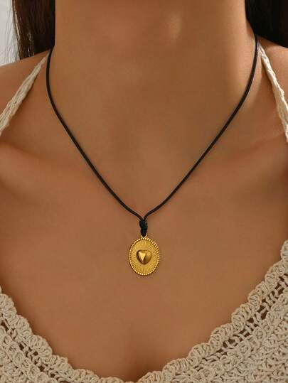 1pc Minimalist Vintage Adjustable Black Cord Necklace With Geometric Oval Heart Pendant, Versatile For Daily Wear, Party, Mother's Day, Birthday, Holiday Gift