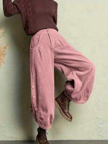 女士长裤，复古风格，灯芯绒纯色工装裤，适合日常穿着和办公场合，四季皆宜 - 粉色 - 查看 3