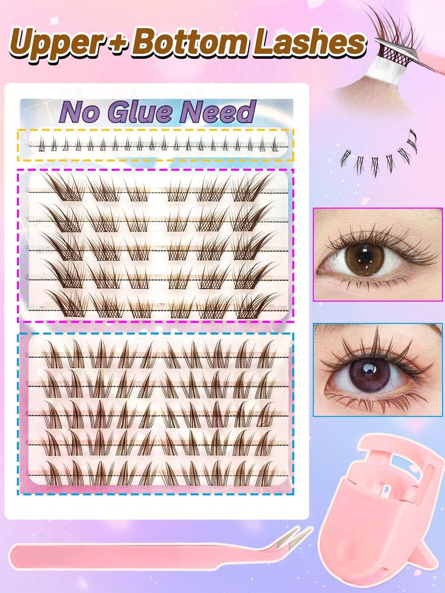 100片免胶簇状假睫毛，3种棕色混合款式，蓬松D卷长度11-13毫米；包含20片免胶下睫毛，蓬松单片自粘睫毛，DIY睫毛嫁接，预粘簇状睫毛，自然纤长D卷睫毛，无需胶水，无需卸妆，附赠镊子和睫毛夹。 - 棕色 - 查看 1