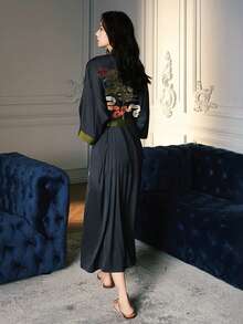 复古宽松优雅时尚通勤印花长款和服罩衫，休闲家居系带长袍，沙滩罩衫，夏季泳衣外层 - 黑色 - 查看 4