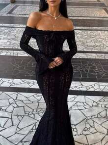 فستان أبيض طويل من الدانتيل بأكتاف مكشوفة للنساء، أكمام طويلة واسعة، قصة جسم الحورية، أنيق وراقي، مناسب للزفاف والمناسبات الرسمية والمناسبات الخاصة، خريف/شتاء - الأسود - مشاهدة 8