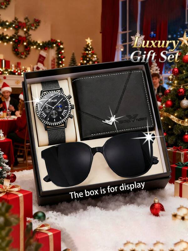 3pcs Men's Luxury Fashion Versatile Casual Business Watch, Wallet, Sunglasses Combo Set, Suitable For Various Occasions, Essential For Halloween/Christmas, Birthday, Perfect Gift For Boyfriend, Dad