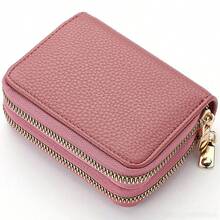 New Lychee Texture Accordion Card Holder, Double-Layer Zipper Women's Wallet, Large Capacity PU Card Case, Multi-Function Card Holder - Dusty Pink - View 4