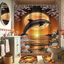 1/4 Stücke Springender Delfin Badezimmer Vorhang Set, beinhaltet 12 Haken Duschvorhang, rutschfester Teppich, Toilette-Sitzabdeckung, Badematte, wasserdichter waschbarer Duschvorhang, Badezimmer Dekoration, Badewannenvorhang, 180*180cm/70,8*70,8 Zoll - Verschiedenfarbig - Übersicht 8