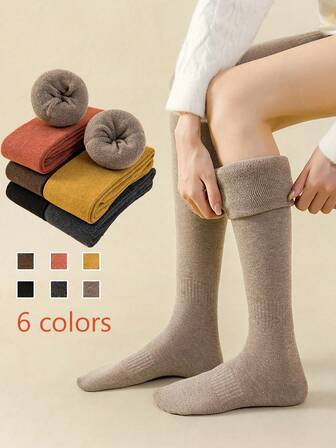 1/6双装随机纯色加厚过膝长袜，配有两条松紧带防止滑落，可爱百搭，适合女孩日常穿着，也适合冬季校服和JK风格。