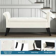 Butterslay 1pc Modern Tufted Storage Bench With Rubebr Wood Legs, Fabric Shoes Stool With Rolled Arms, For Entryway, Shop, Bar - Trắng tươi - Xem 3