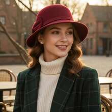 Womens Cloche Hats Stylish Solid Color Decorative Bow Bucket Hat Round Top Short Brim Church Cap - 紅色 - 查看 5