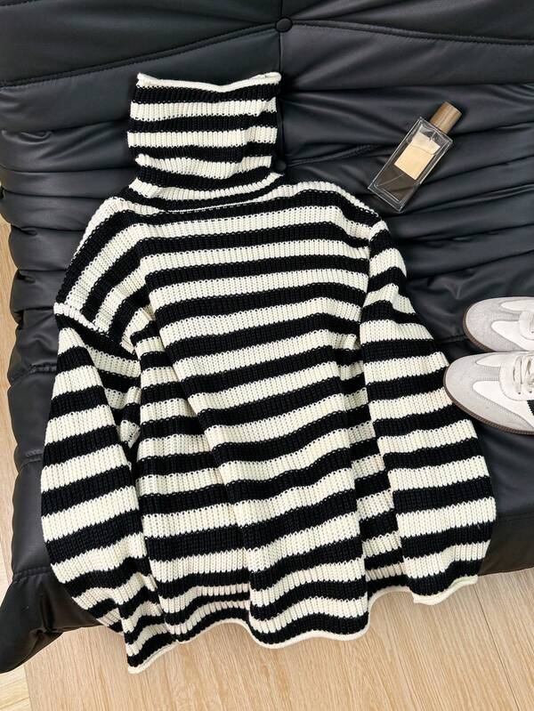 EAVA Women's Relaxed Style, Streetwear For Women, Niche Fashion High-Neck Striped Oversized Knit Pullover Sweater