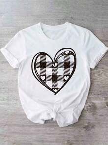 Camiseta informal de mujer con un elegante estampado de corazones, cómoda camiseta de manga corta y cuello redondo, adecuada para primavera y verano, fiestas navideñas y conjuntos de invierno, apropiada para cualquier ocasión, color liso, estilo informal, fiesta de Navidad, reunión familiar, uso diario. - Blanco - Ver 1