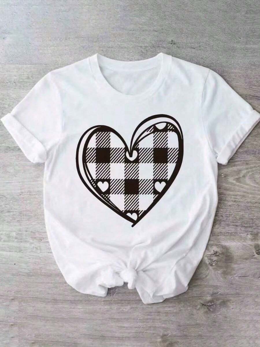 Camiseta informal de mujer con un elegante estampado de corazones, cómoda camiseta de manga corta y cuello redondo, adecuada para primavera y verano, fiestas navideñas y conjuntos de invierno, apropiada para cualquier ocasión, color liso, estilo informal, fiesta de Navidad, reunión familiar, uso diario. - Blanco - Ver 1
