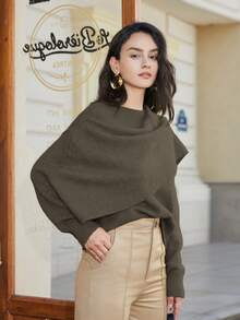 Women's Solid Color Batwing Sleeve Patchwork Poncho Sweater, Elegant And Fashionable Design, Spring - Brown Green - View 6