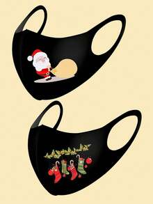 2个装儿童圣诞树和雪人图案口罩套装，可爱卡通口罩，男女童通用，弹性口罩，圣诞装饰，儿童面部配饰