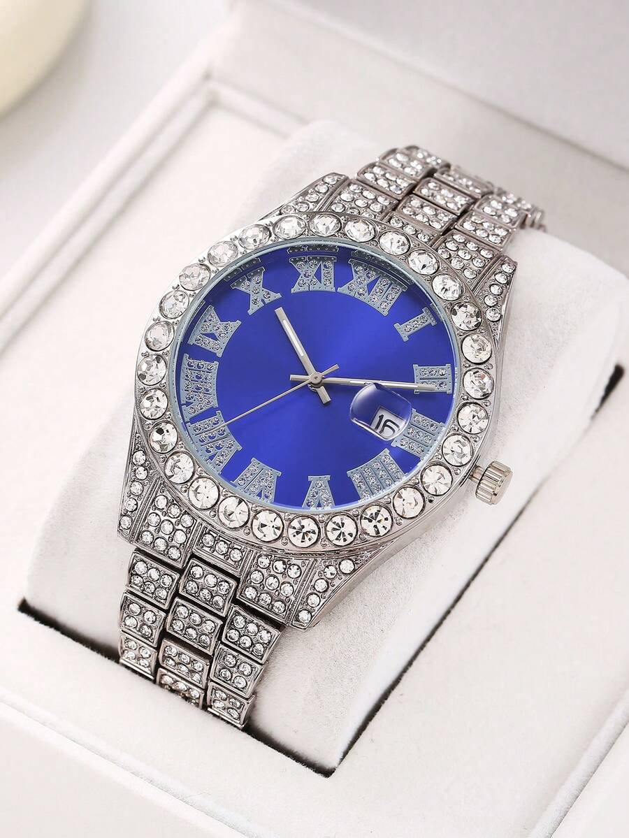 1 pieza Reloj de cuarzo de moda con calendario, totalmente cubierto de diamantes de imitación, con correa de acero para hombre, para fiesta - Azul - Ver 1