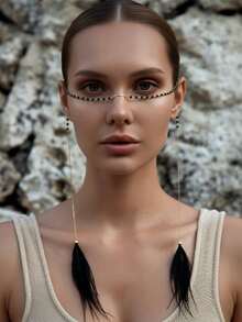 1pc Boho Gold Black Beaded Face Chain Jewelry With Black Tassel Feather Festival Party Nose Chain Face Jewelry Halloween Gifts - Multicolor - View 10