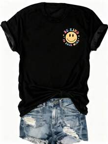Howell Casual Loose Short Sleeve T-Shirt With Slogan Print Black Summer - Black - View 5