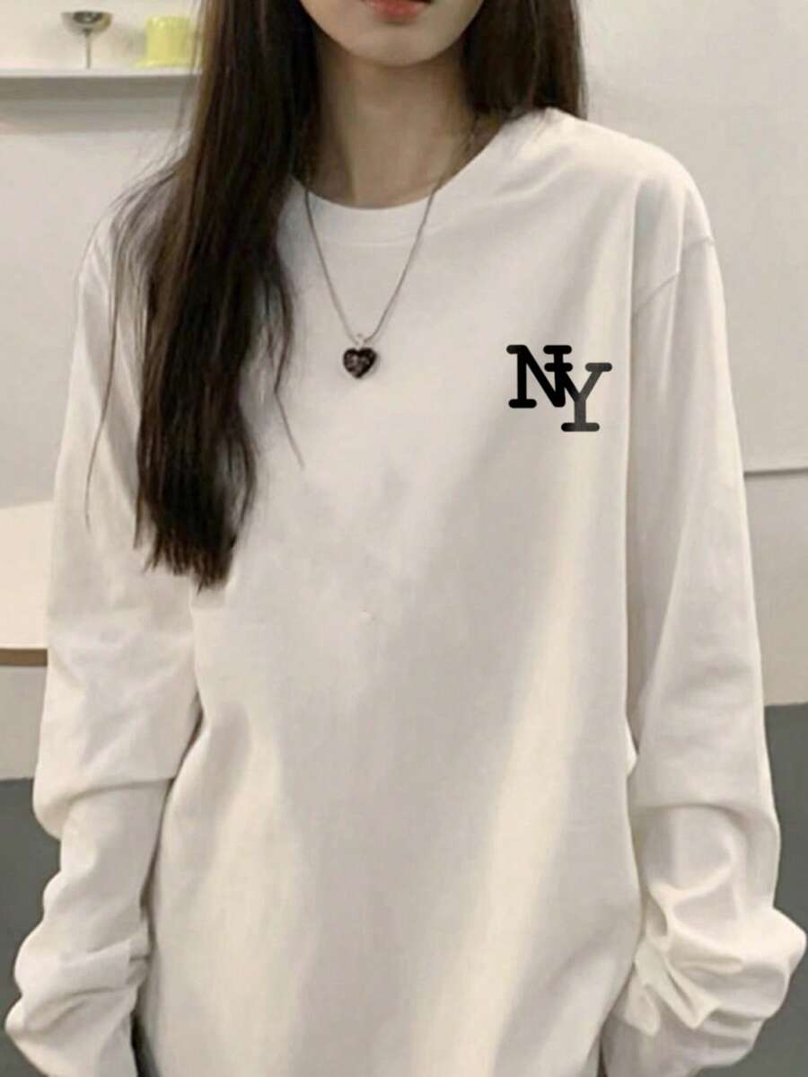 女士休闲棉质宽松字母印花圆领长袖T恤，时尚百搭，春秋季白色 - 白色 - 查看 1