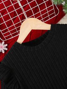 Tween Girls Christmas Vintage Red & Black Plaid Cap Sleeve Patchwork Bow Flutter Sleeve Ribbed Long Sleeve Round Neck Dress, Holiday Vibe Girls Plaid Princess Dress - Red and Black - View 5