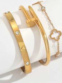 Bracelet en acier inoxydable 18 carats serti de diamants, 3 pièces, élégant et minimaliste, en forme de cœur. Couleur inaltérable. Idéal pour un usage quotidien. Un cadeau parfait.