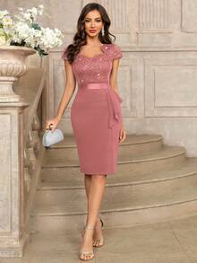 MIUSOL Sequin Lace Sweetheart Neck Ruffle Hem Cocktail Party Bodycon Dress Wedding Spring - Dusty Pink - View 8