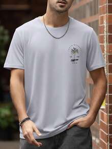 2025夏季新款男士椰子树字母印花圆领短袖休闲T恤 - 灰色 - 查看 3