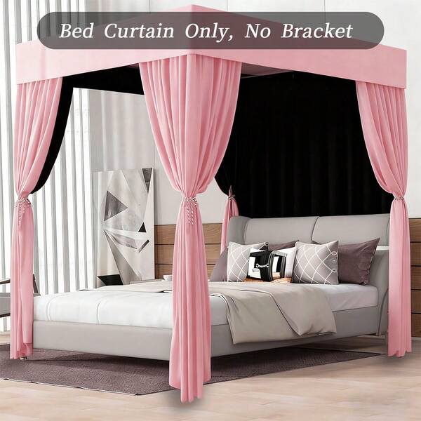 Abulun (Bed Curtain Only, Without Frame) Black And Pink Color Scheme Bed Canopy Curtains – Elegant Bedroom Decor For Adults And Girls – Highly Effective Blackout And Windproof Design.