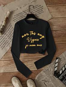 Women's Fitted Short Long Sleeve T-Shirt, Minimalist American Letter Print, Layered With Black Top, Autumn - Black - View 8