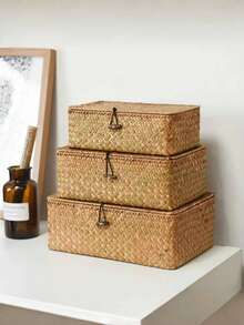 Nordic Style Handwoven Seagrass Storage Box With Lid, Handmade Woven Storage Basket With Cover, Rectangular Storage Box, Creative Space-Saving Storage Box, Suitable For Storing Cosmetics, Stationery, Clothes, Toys, Bathroom Items, Bedroom Items, Living Room Items, Dorm Items, Office Desk Items, Snacks, Jewelry, Also Can Be Used As Back To School Supplies Or Wedding Favor Packaging. - Multicolor - View 4