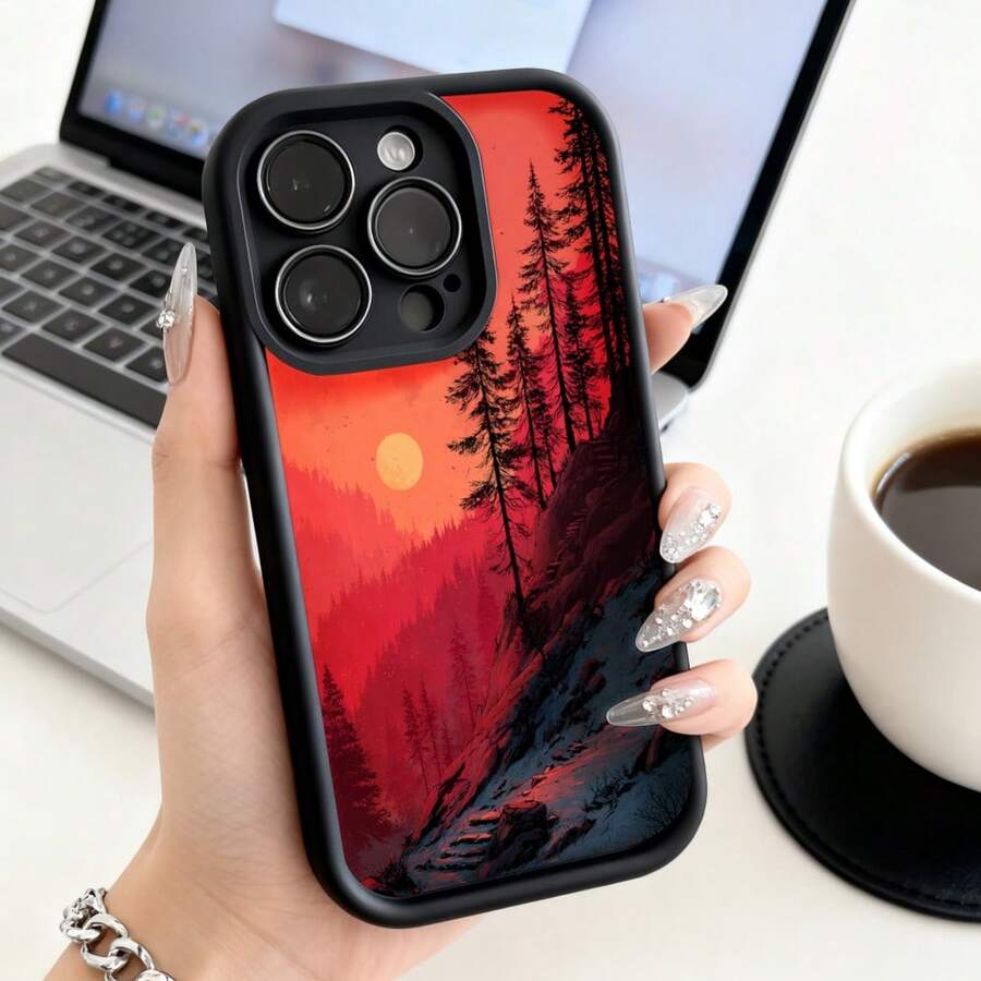 Cubierta de teléfono con borde negro y diseño de puesta de sol en bosque rojo para iPhone 14 Pro Max ideal para uso diario y estilo moderno - Burdeos - Ver 1