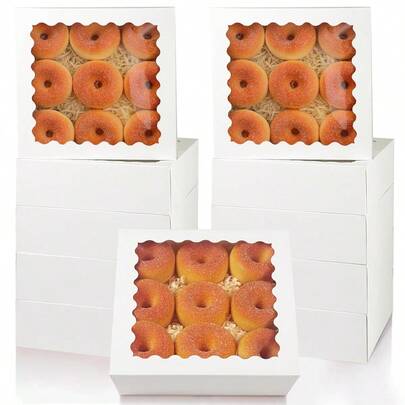 6pcs/Set 8"X8"X2.5" & 10"X10"X2.5" White Pie/Cookie/Donut/Cake Boxes With Window, Suitable For Parties And Various Occasions