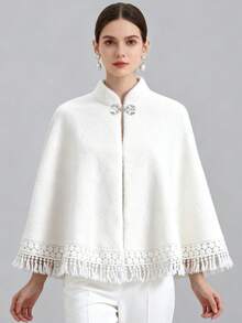 1 قطعة شال عروس جديد من الفرو الاصطناعي، كارديجان قصير أبيض الشراشيب، معطف صيني أنيق دافئ للموسم الخريفي/الشتوي للمرأة البدينة