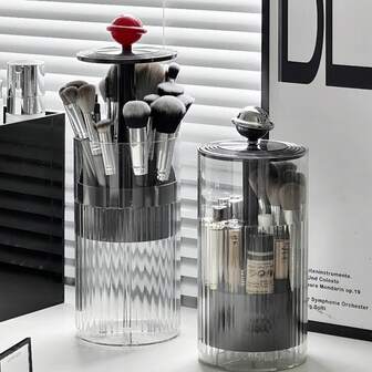 Soporte transparente y visible para brochas de maquillaje con sistema de elevación, puede satisfacer las necesidades de 5 miembros de la familia, a prueba de polvo, organizador de maquillaje para tocador, soporte para lápices de cejas y brochas, estante para brochas de maquillaje, producto de almacenamiento avanzado, de alta calidad, caja de almacenamiento con tapa y sistema de elevación para el escritorio