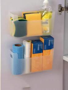 1/2pcs No-Drill Kitchen Wall-Mounted Storage Box, Cabinet Door Fresh-Keeping Bag, Trash Bag Holder, Suitable For Wood, Glass, Tile And Other Flat Surfaces, Clean Thoroughly Before Use, Ensure Surface Is Clean And Flat, Wait 24 Hours After Adhering Before Use - Clear - View 10
