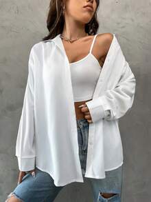 Women's Solid Color Loose Turndown Collar Button-Up Shirt, All Season - White - View 4