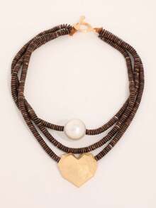 复古多层串珠项链，金属心形和仿珍珠吊坠，别致设计，波西米亚风个性配饰 - 棕色 - 查看 6