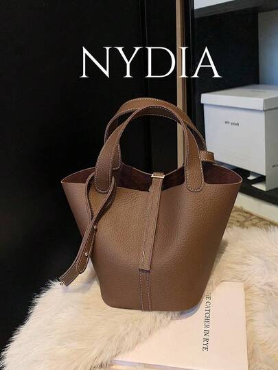 女士新款复古休闲百搭纯色水桶包，秋冬风格，适合通勤、日常约会和工作，时尚手提包，可斜挎