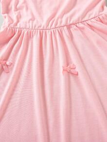 2pcs/Set Pakaian Kasual Anak Perempuan Warna Polos dengan Hiasan Pita, Atasan Kardigan Lengan Pendek dan Gaun Kasual Selutut dengan Tali Bahu Tipis, Musim Panas - Berwarna merah muda - View 9