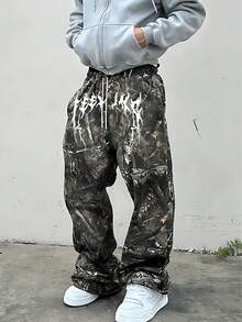 Y2K Streetwear Camouflage Print Wide Leg Pants - Unisex Gothic Letter Graphic Loose Casual Trousers - Màu xanh lá cây đậm - Xem 1